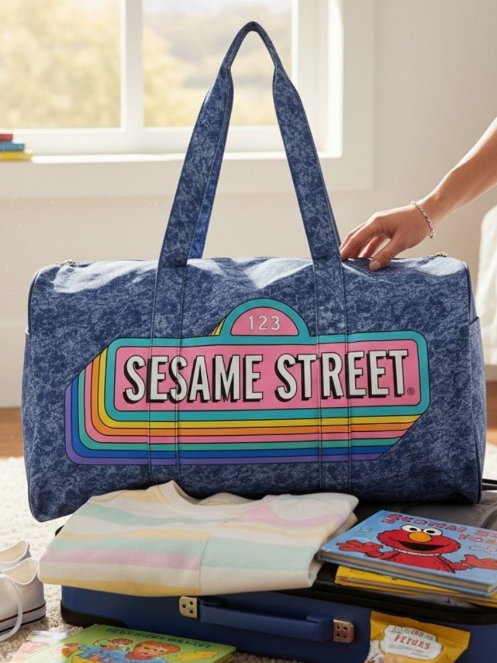 NWT Sesame Street Denim Print Street Sign Duffel Bag Large 23” Travel Tote